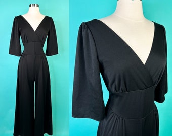 1970s Black Jumpsuit Small Bell Sleeves Wide Leg
