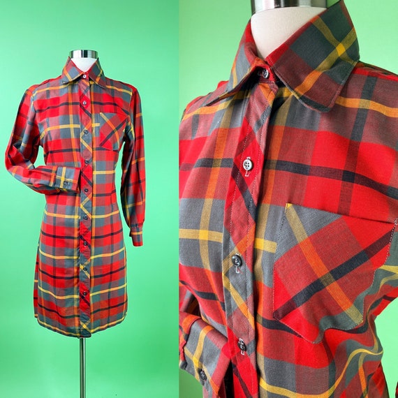 Vintage 1960s Plaid Dress Medium - Red Yellow Gra