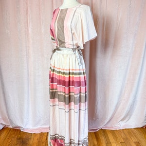 Vintage 1970s Pink Cream Brown Stripe Wrap Top and Maxi Skirt Set XS Small