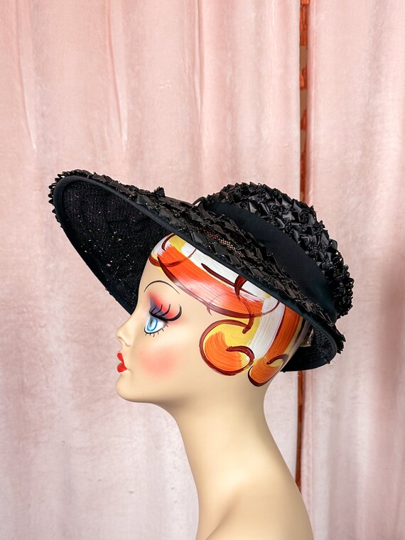 Vintage 1940s 50s Black Wide Brim Tilt Hat - image 8