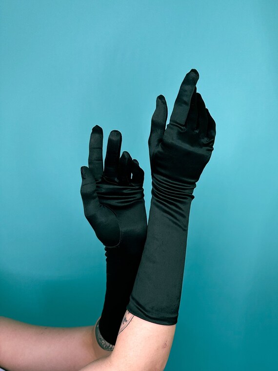 40s 50s Black Satin Nylon Gloves - image 7