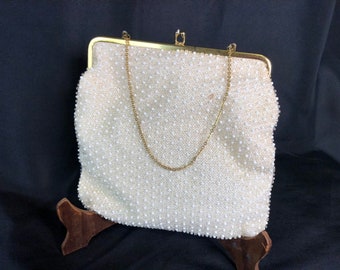 1950s Cordé-Bead Purse - Lumured - White Beaded Purse