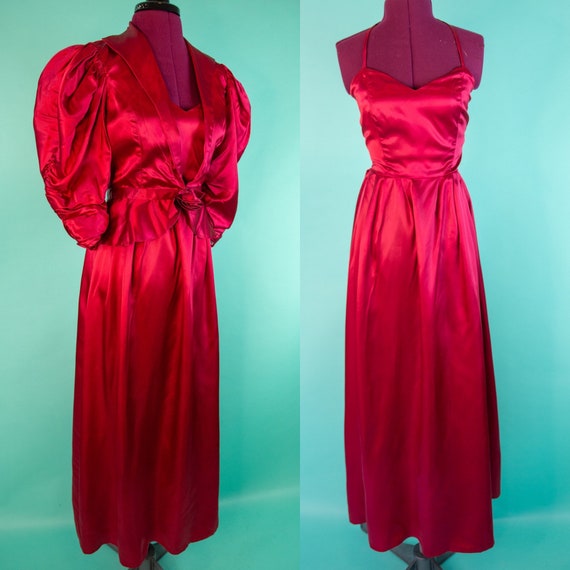 Vintage 1970s Red Halter Top Evening Gown Set - JC