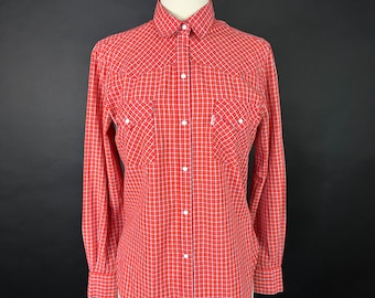 Vintage 1970s Red Plaid Western Snap Button Up Medium