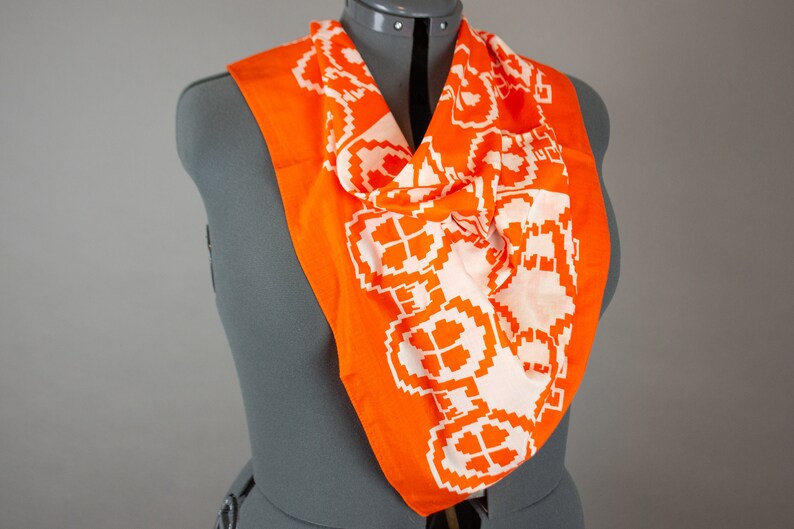 Vintage 1970s Orange Scarf Geometric Block Print image 4