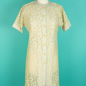 Vintage 1950s 60s 34&quot; Bust Small Beige Lace Dress Overcoat