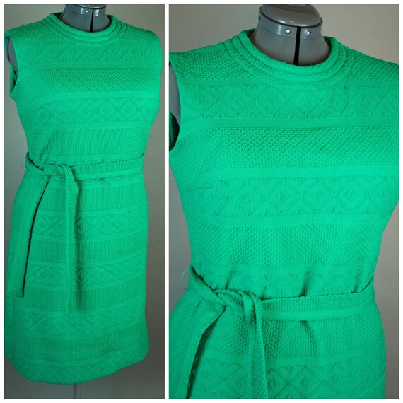 Vintage 1960s 70s Green Pencil Dress - Textured Gr