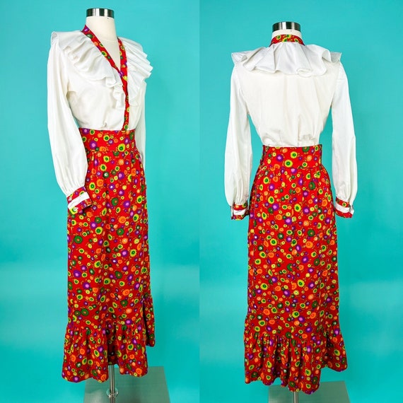 1970s Floral Skirt and Blouse Set Edwardian Style… - image 1