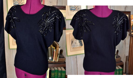 1980s Sweater Too 50s Style Black Sweater Top Bead