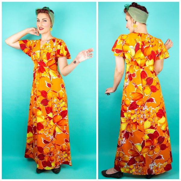 60s Orange Hawaiian Dress Small - Hawaiian Maxi Dress - Womens Vintage
