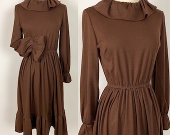 1960s 1970s Brown Dress Small Medium