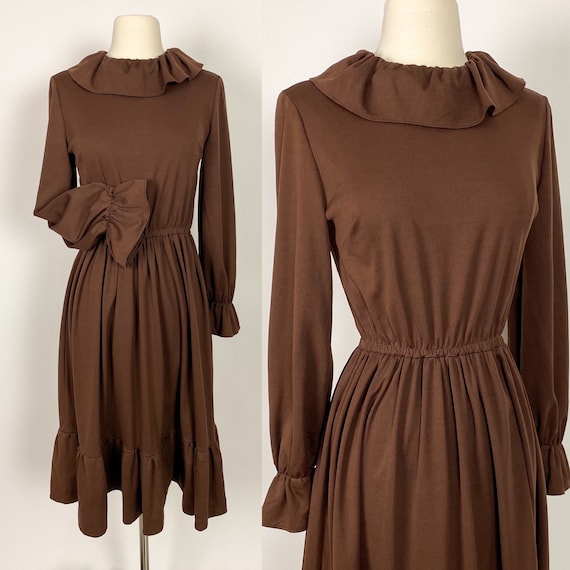 1960s 1970s Brown Dress Small Medium