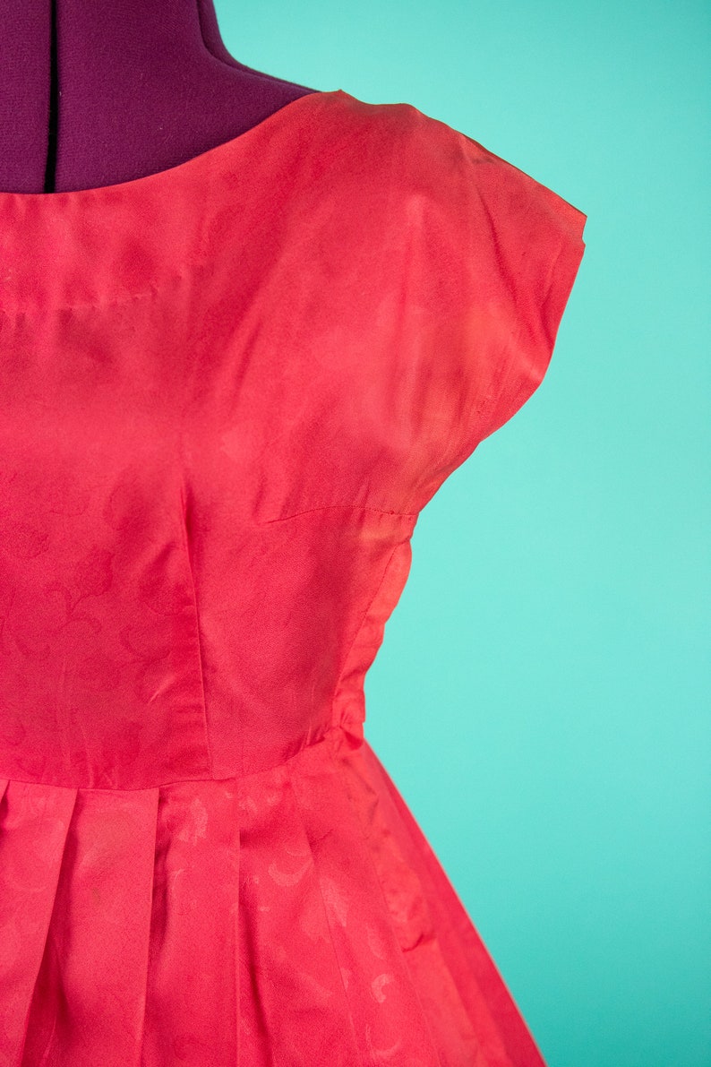 Coral Red Dress Vintage 1950s Red Floral Dress Small