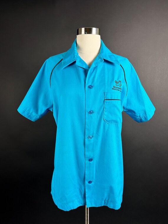 1970s 80s Blue Teal Bowling Shirt Medium - image 2