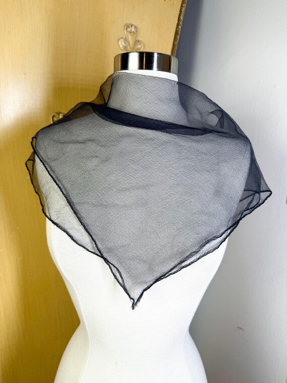 Nilon Scarf Vintage 1950s 60s Sheer Black Nylon Scarf Small - Gem