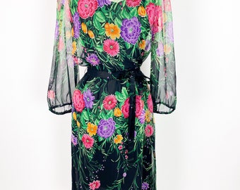 Vintage 1970s Floral Dress Sheer Black XS Small