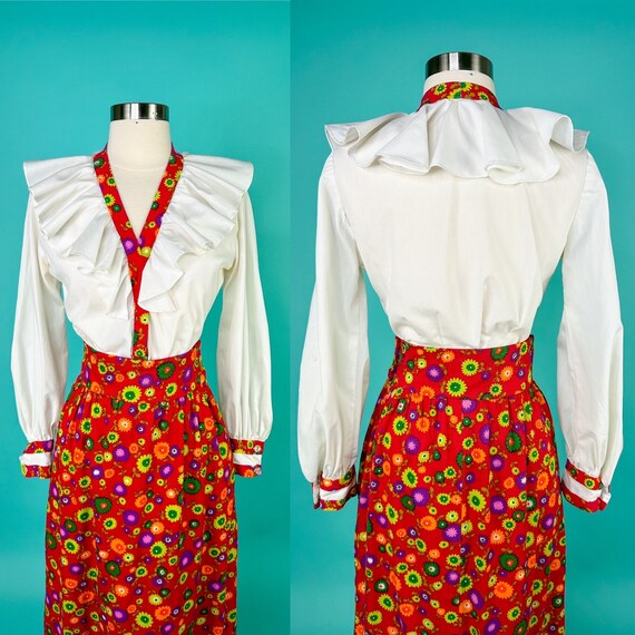 1970s Floral Skirt and Blouse Set Edwardian Style… - image 10