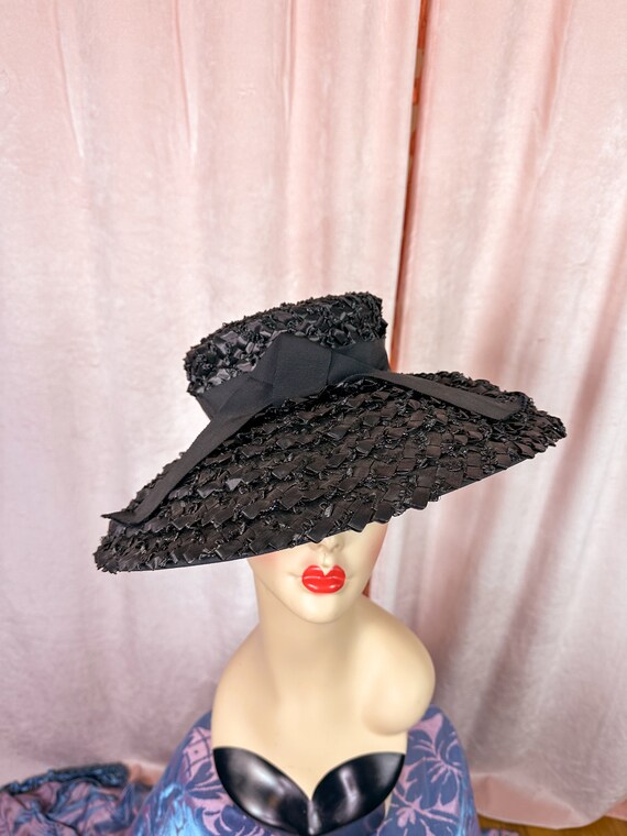 Vintage 1940s 50s Black Wide Brim Tilt Hat - image 2