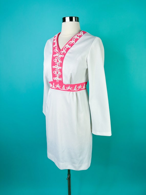 60s 70s White and Pink Mini Dress Longsleeve - image 3