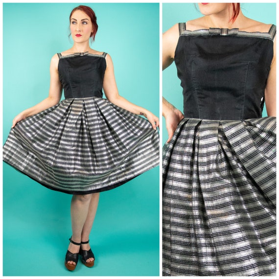 1950s XS Swing Dress Silver Lurex Black Silk - image 2
