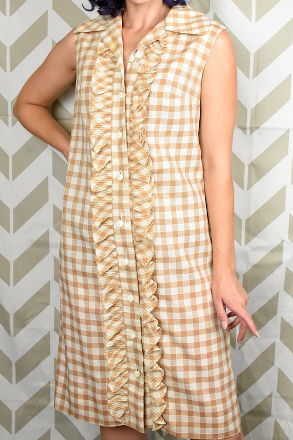 Vintage 1960s Gingham Dress - Tan Gingham Dress -