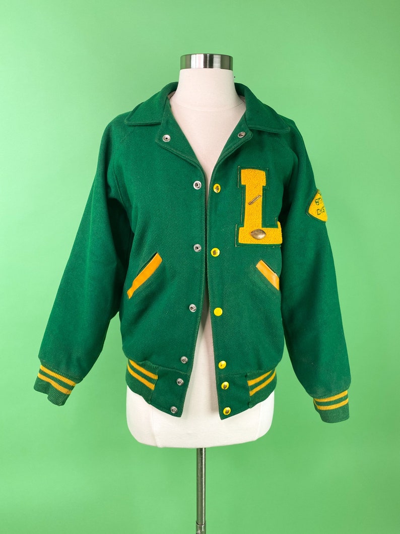 1970s Mens Green and Yellow Letterman Varsity Jacket XS Etsy