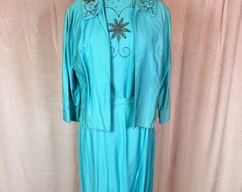 Vintage 1950s Turquoise Blue Skirt Suit Small Medium
