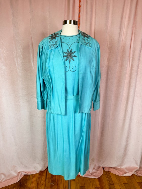 Vintage 1950s Turquoise Blue Skirt Suit Small Med… - image 1