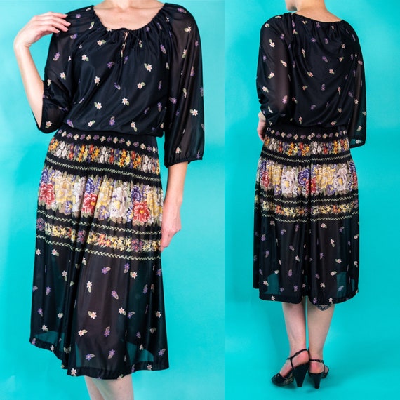 1970s Black Peasant Dress XL