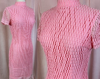 Vintage 1960s Pink Mini Dress Diamond Crochet Go Go Dress XS Small