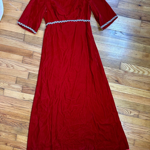 Vintage 1960s 70s Red Velvet Dress Gown Maxi XS Small 28 Waist