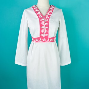 60s 70s White and Pink Mini Dress Longsleeve