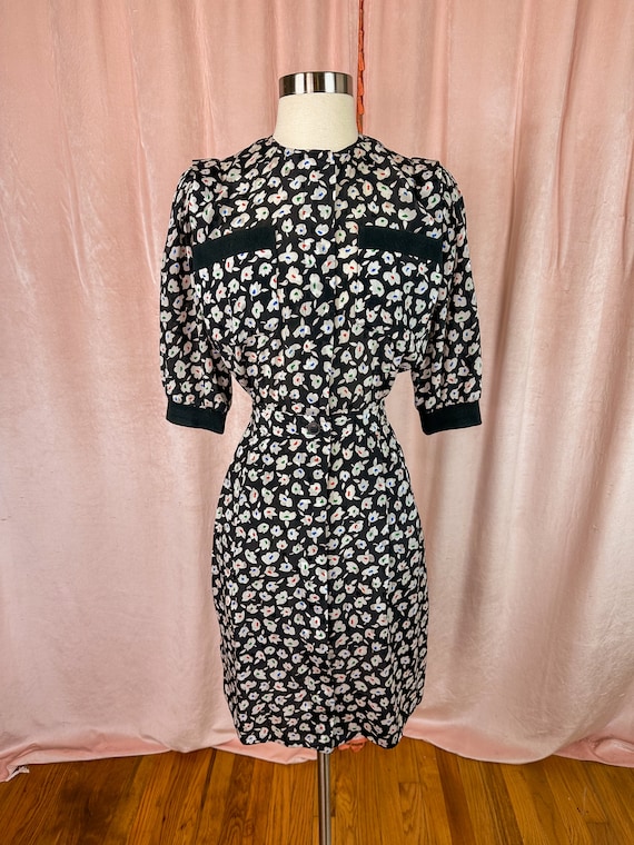 Vintage 1980s Does 30s Black Floral Dress 30 waist