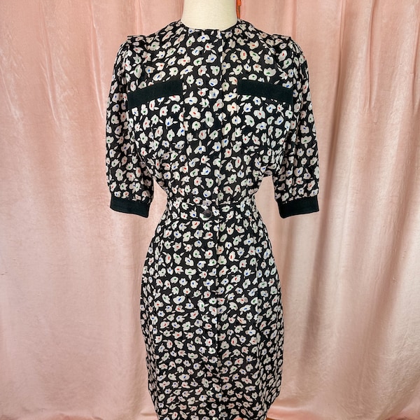 Vintage 1980s Does 30s Black Floral Dress 30 waist