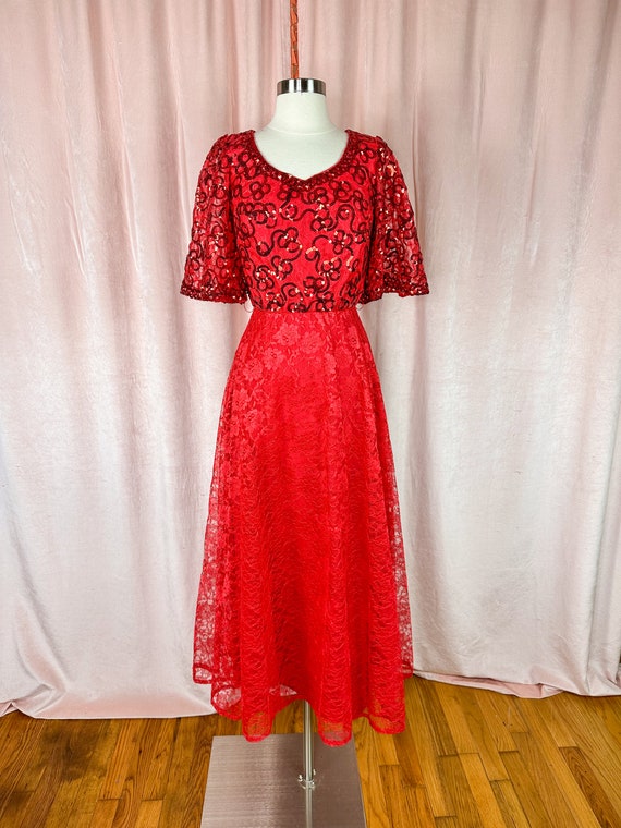 Vintage 1960s 70s Red Lace Sequin Dress 24 26 28 … - image 1