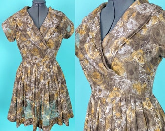 Vintage 1950s Floral Dress Brown 31W Medium Large