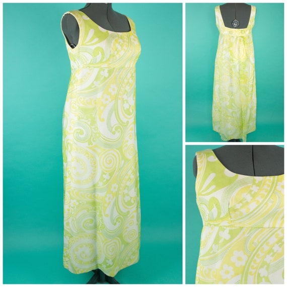 1960s XL Chiffon Maxi Dress - Green Flower Dress -