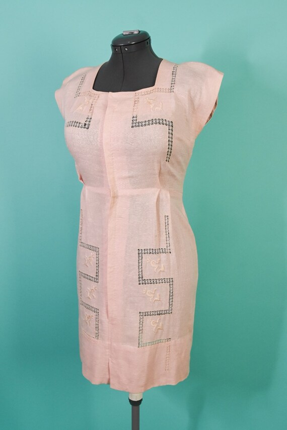 1940s 1950s 29W Medium Pink Linen Rayon Dress - image 6