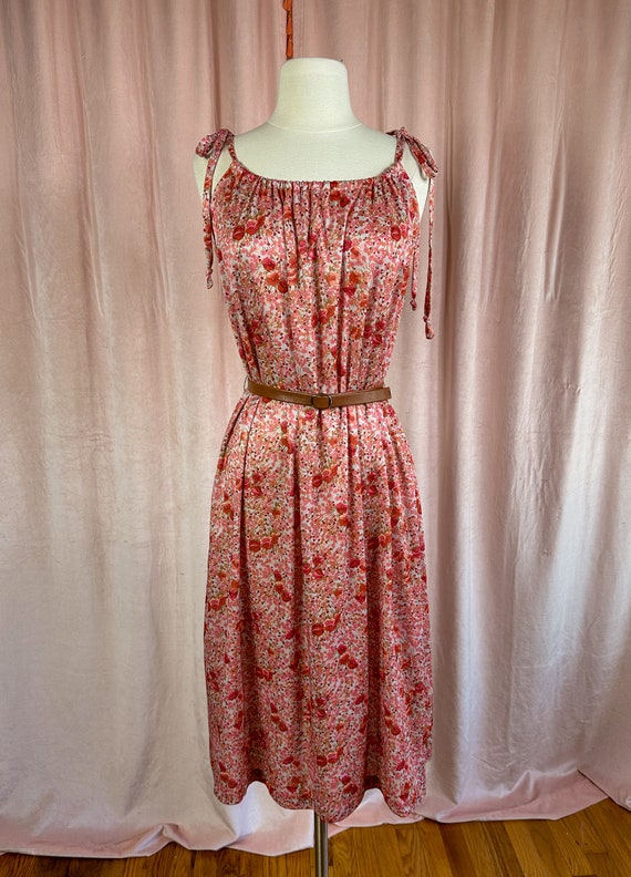 Vintage 1970s Red Pink Beige Floral Tie Strap Dres