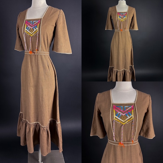 Late 1960s 70s Cotton Prairie Boho Dress XS Small… - image 1