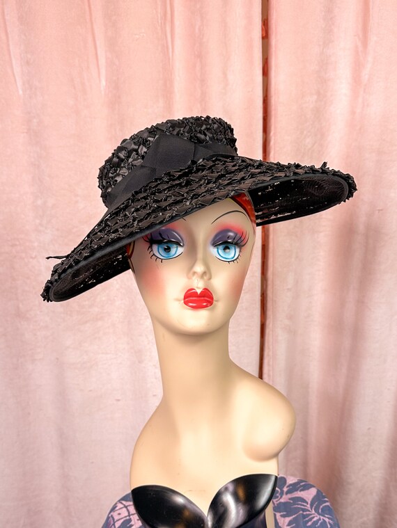 Vintage 1940s 50s Black Wide Brim Tilt Hat - image 10