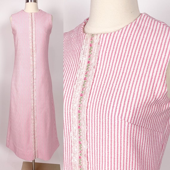 1970s S/M Pink White Dress Maxi Dress - image 1