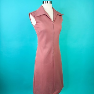 1970s Pink Dusty Rose Zip Front Dress Small