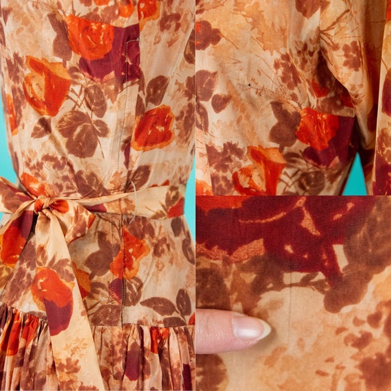 Vintage 1950s Floral Dress Copper Red XS 22 24 wa… - image 10