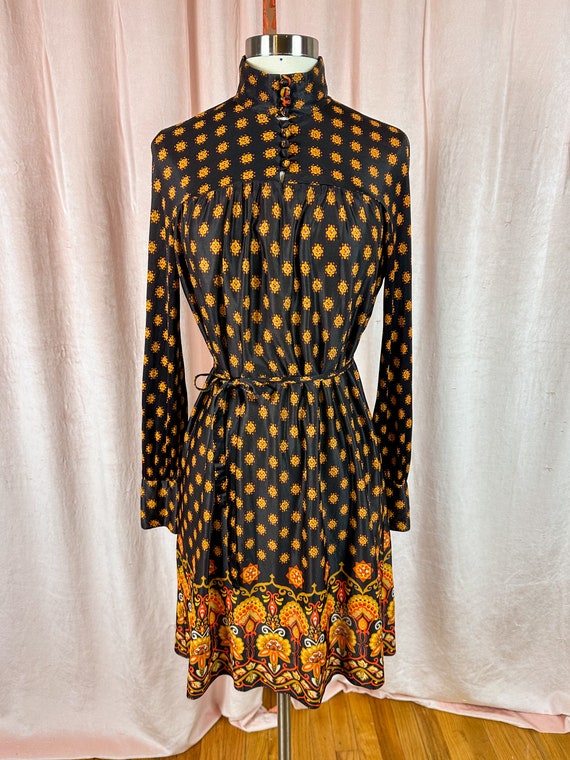 Vintage 1960s 70s Mini Dress Black and Orange Gold