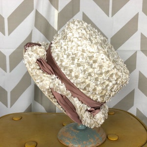 50s Straw Hat - White and Blush Pink - Vintage Straw Hat