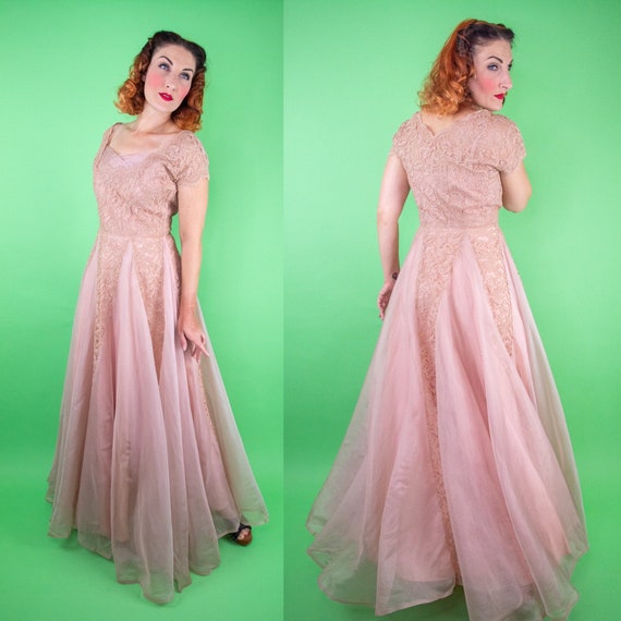 Vintage 1940s 50s Dusty Pink Lace Dress - DuBarry