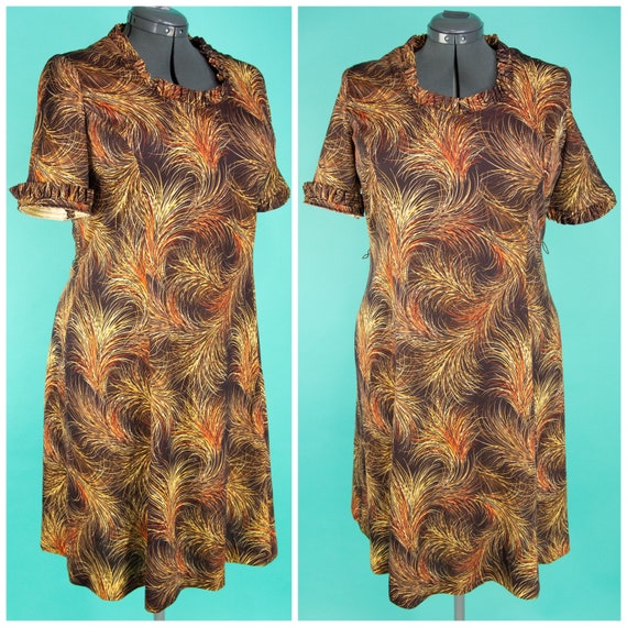 1970s XL Dress - 70s Day Dress - Brown Plume Print