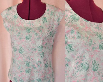 Vintage 1960s Mint Green Floral Top Medium Large - Pink and Green Pastel Top