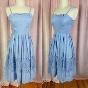 Vintage 1950s 60s Baby Blue Spaghetti Strap Dress 24 Waist XXS